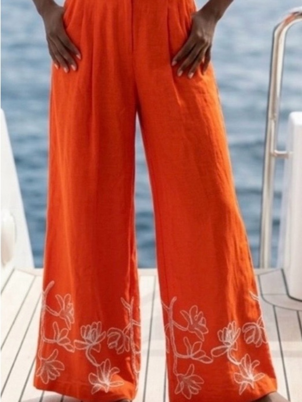 Alex Marie Orange Wide-Leg Pants with White Floral Embroidery NWOT
